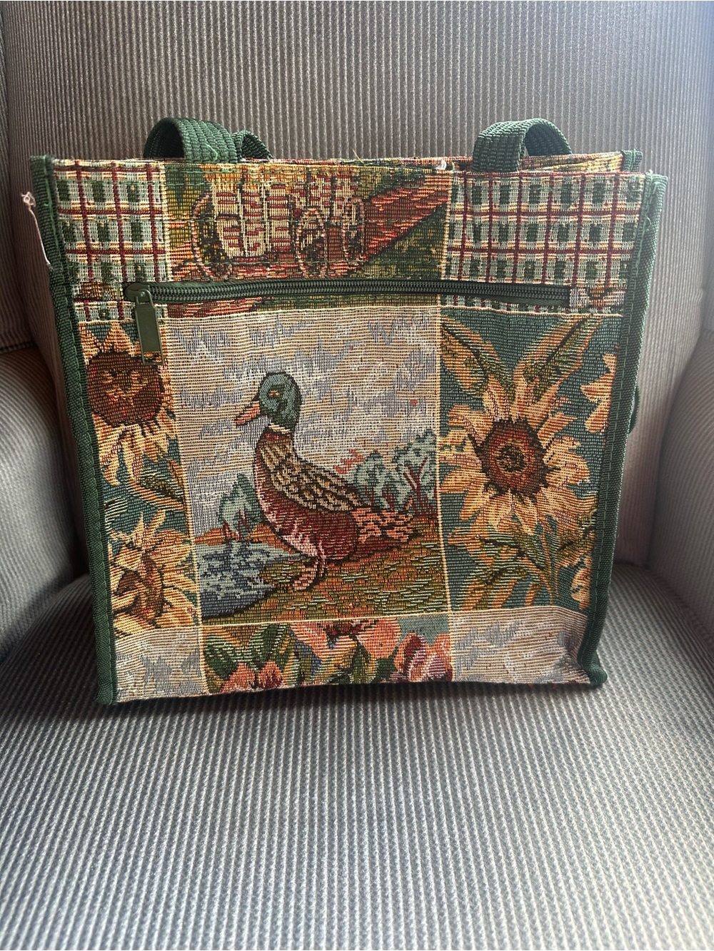 Tapestry Duck & Sunflower Decorative Tote Bag in Green